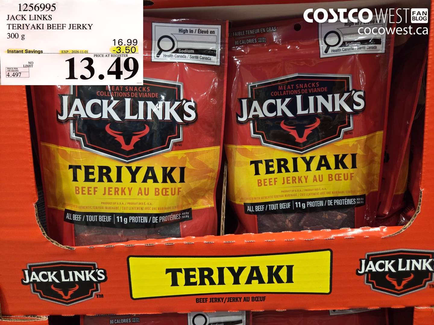 1256995 JACK LINKS TERIYAKI BEEF JERKY 300 G ($3.50 INSTANT SAVINGS EXPIRES ON 2026-11-01) $13.49