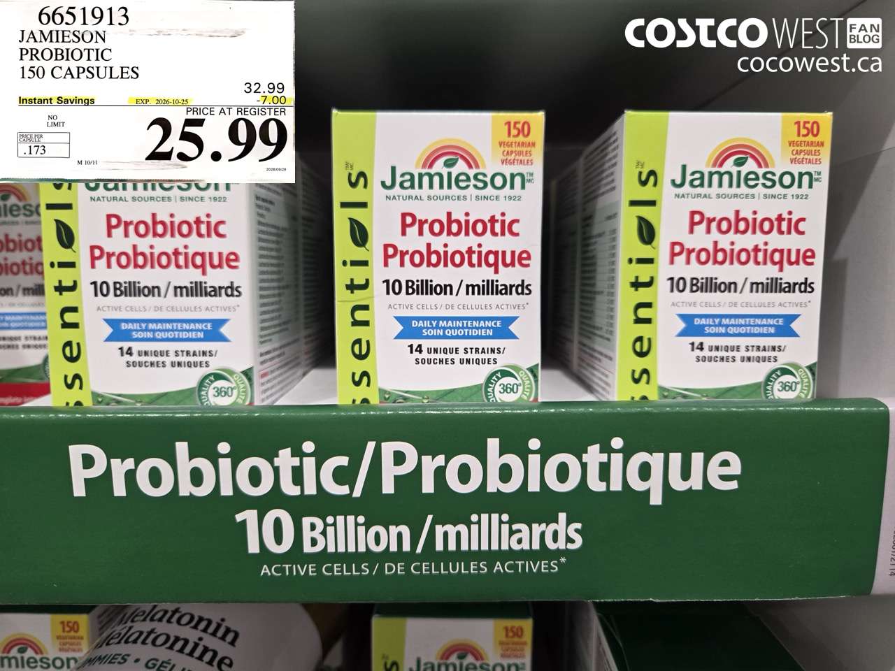 6651913 JAMIESON PROBIOTIC 150 CAPSULES ($7.00 INSTANT SAVINGS EXPIRES ON 2026-10-25) $25.99