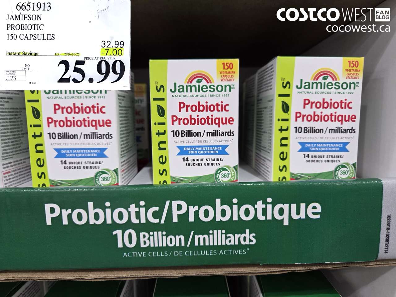 6651913 JAMIESON PROBIOTIC 150 CAPSULES ($7.00 INSTANT SAVINGS EXPIRES ON 2026-10-25) $25.99