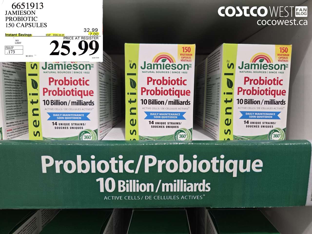 6651913 JAMIESON PROBIOTIC 150 CAPSULES ($7.00 INSTANT SAVINGS EXPIRES ON 2026-10-25) $25.99