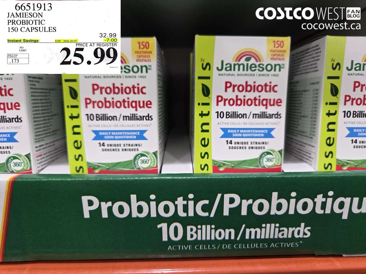 6651913 JAMIESON PROBIOTIC 150 CAPSULES ($7.00 INSTANT SAVINGS EXPIRES ON 2026-10-25) $25.99
