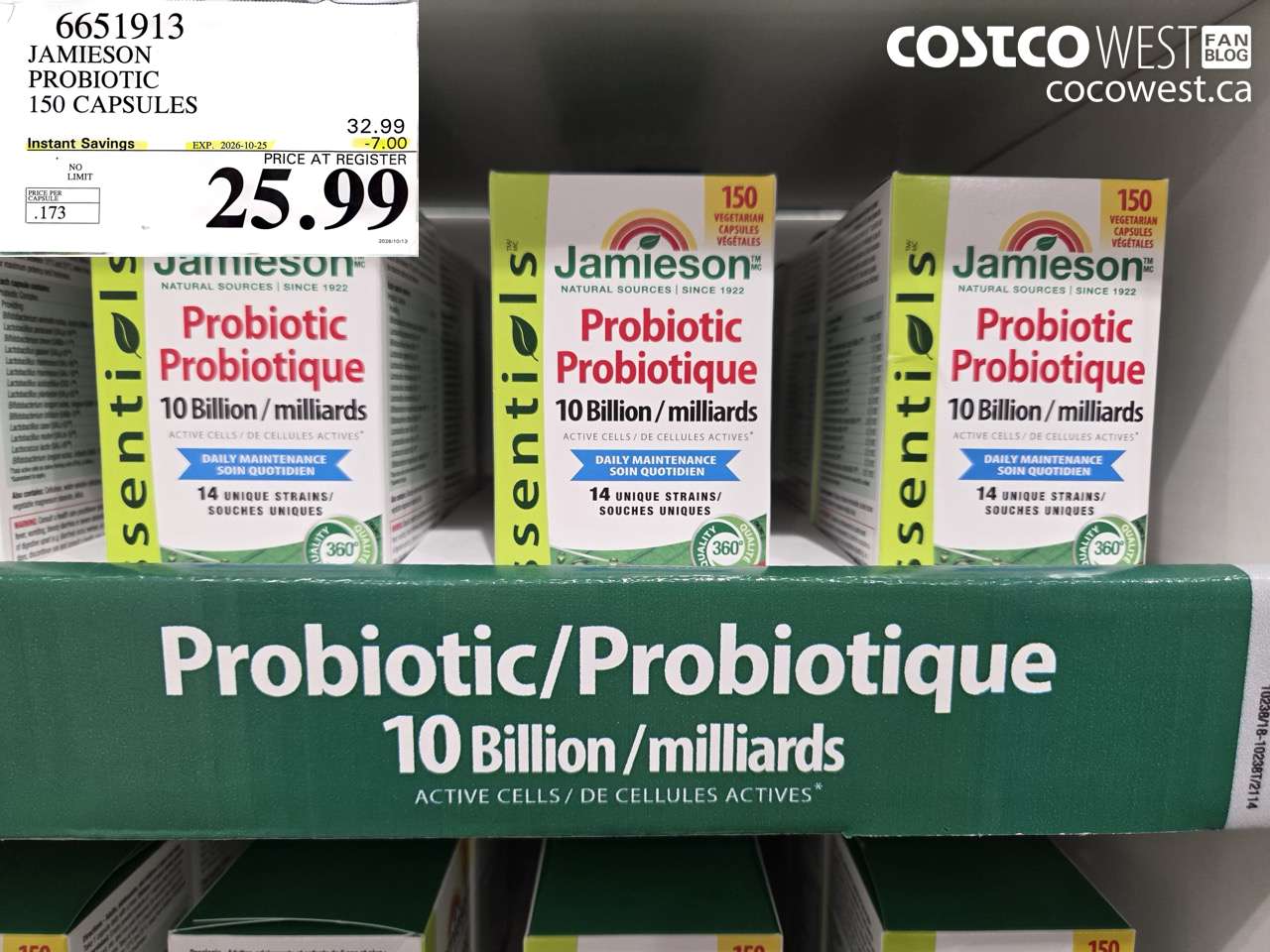 6651913 JAMIESON PROBIOTIC 150 CAPSULES ($7.00 INSTANT SAVINGS EXPIRES ON 2026-10-25) $25.99