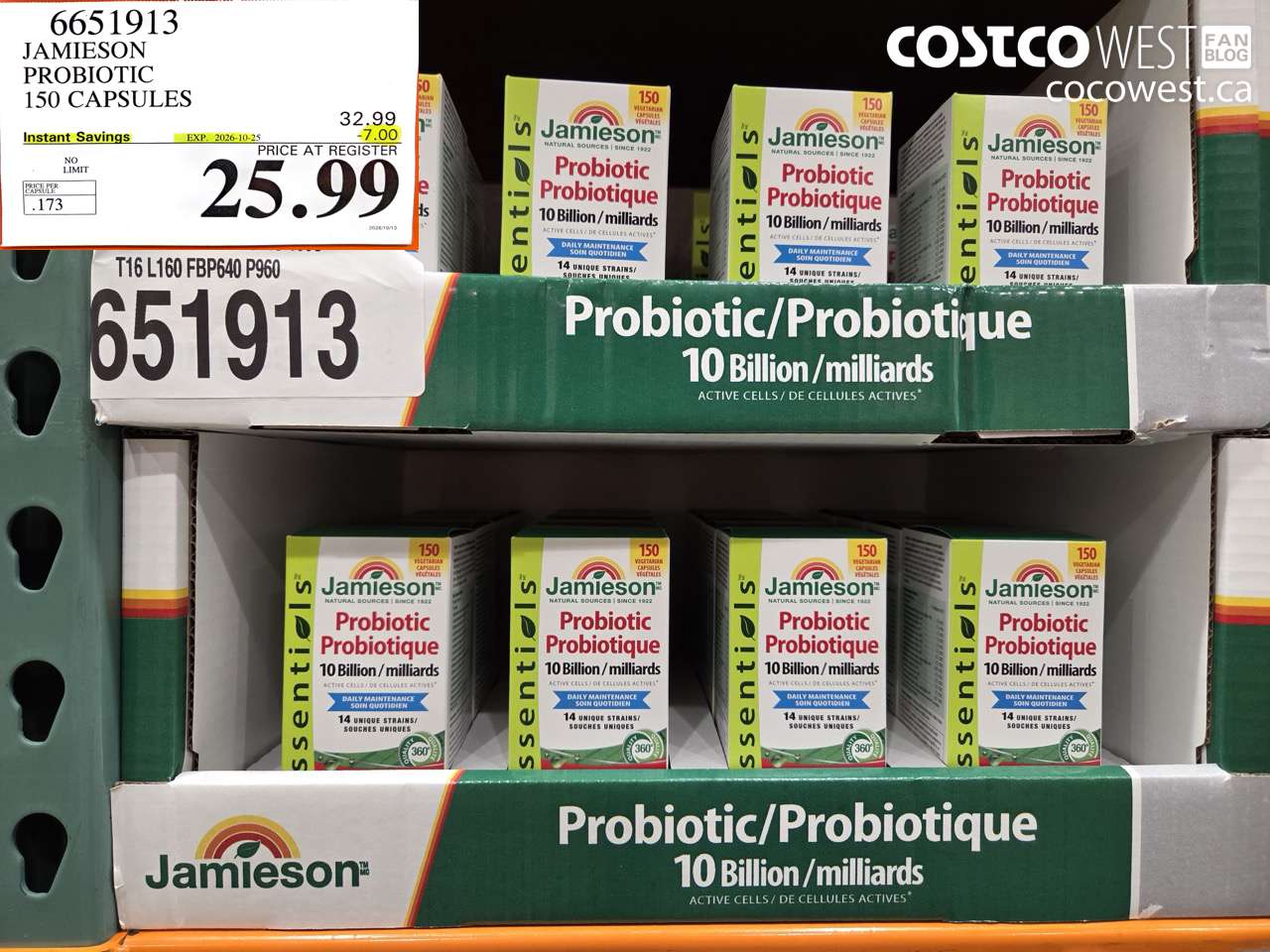 6651913 JAMIESON PROBIOTIC 150 CAPSULES ($7.00 INSTANT SAVINGS EXPIRES ON 2026-10-25) $25.99