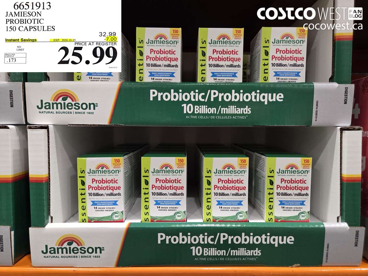 6651913 JAMIESON PROBIOTIC 150 CAPSULES ($7.00 INSTANT SAVINGS EXPIRES ON 2026-10-25) $25.99