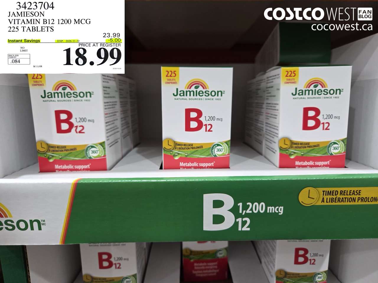 3423704 JAMIESON VITAMIN B12 1200 MCG 225 TABLETS ($5.00 INSTANT SAVINGS EXPIRES ON 2026-11-22) $18.99