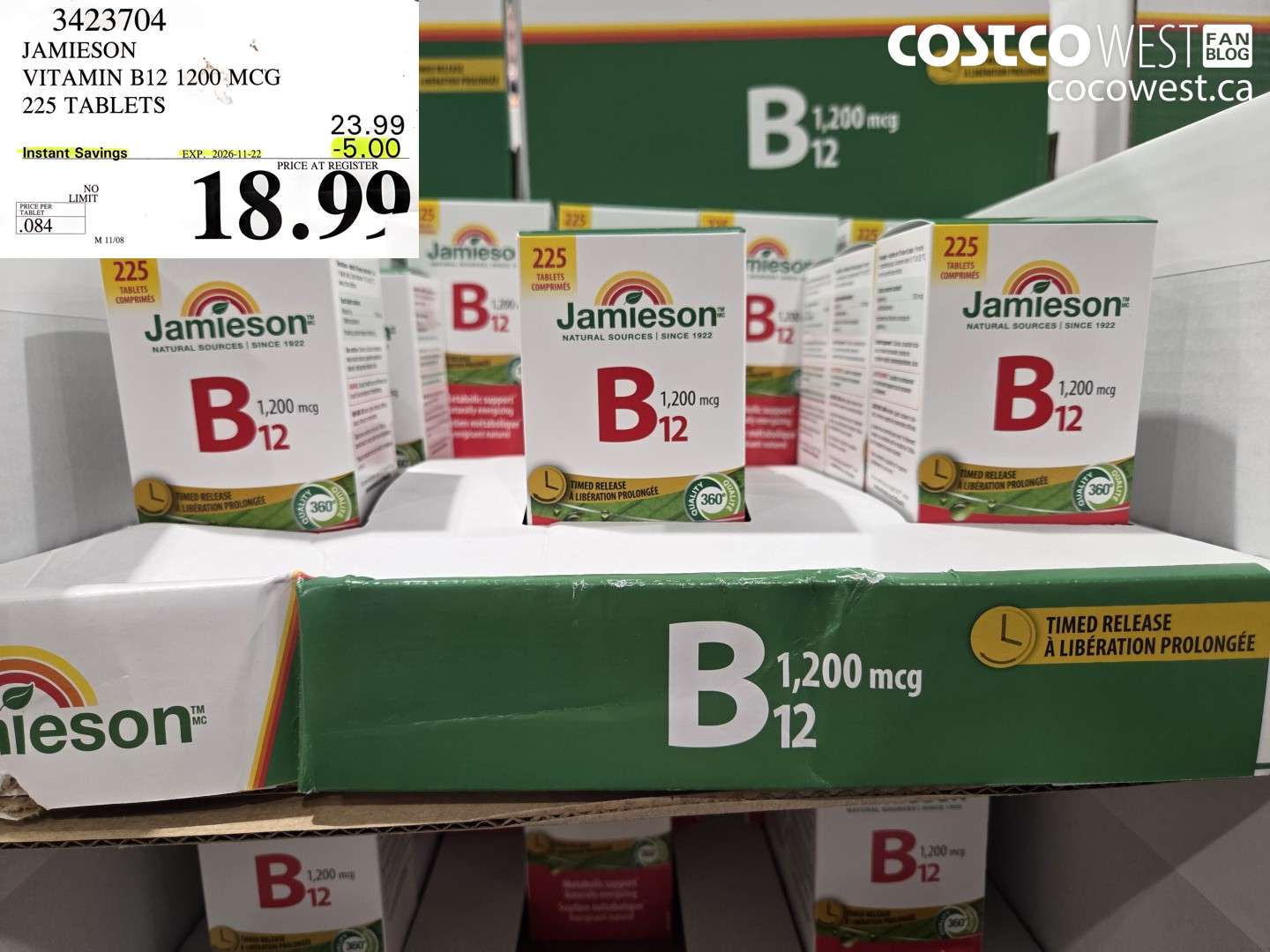 3423704 JAMIESON VITAMIN B12 1200 MCG 225 TABLETS ($5.00 INSTANT SAVINGS EXPIRES ON 2026-11-22) $18.99