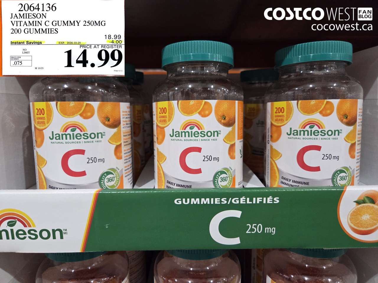 2064136 JAMIESON VITAMIN C GUMMY 250MG 200 GUMMIES ($4.00 INSTANT SAVINGS EXPIRES ON 2026-10-25) $14.99