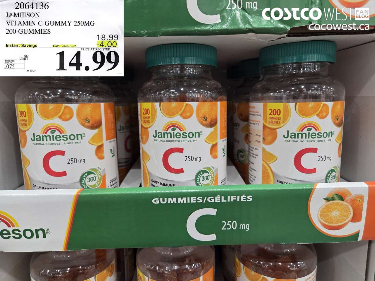 2064136 JAMIESON VITAMIN C GUMMY 250MG 200 GUMMIES ($4.00 INSTANT SAVINGS EXPIRES ON 2026-10-25) $14.99