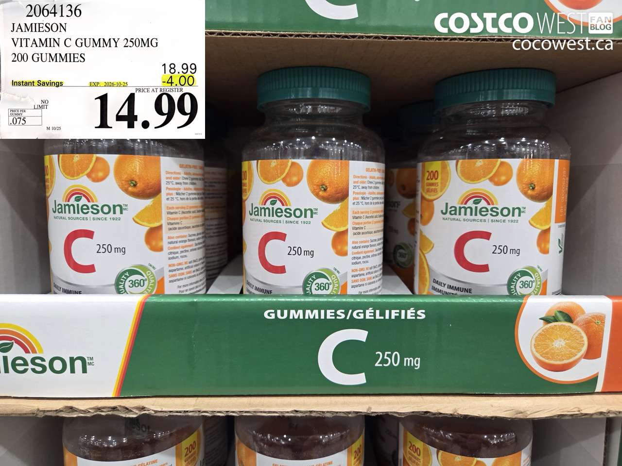 2064136 JAMIESON VITAMIN C GUMMY 250MG 200 GUMMIES ($4.00 INSTANT SAVINGS EXPIRES ON 2026-10-25) $14.99