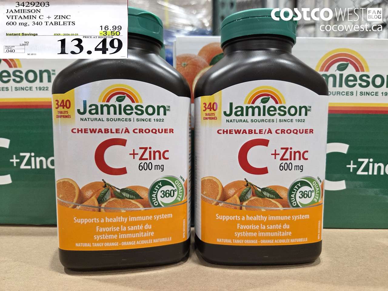 3429203 JAMIESON VITAMIN C + ZINC 600 MG, 340 TABLETS ($3.50 INSTANT SAVINGS EXPIRES ON 2026-10-25) $13.49