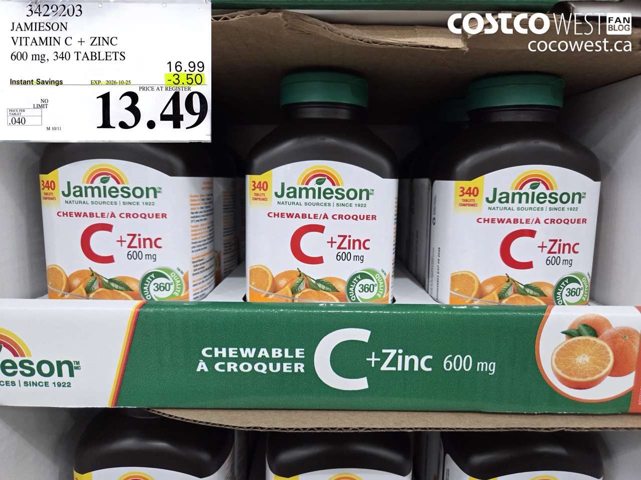 3429203 JAMIESON VITAMIN C + ZINC 600 MG, 340 TABLETS ($3.50 INSTANT SAVINGS EXPIRES ON 2026-10-25) $13.49