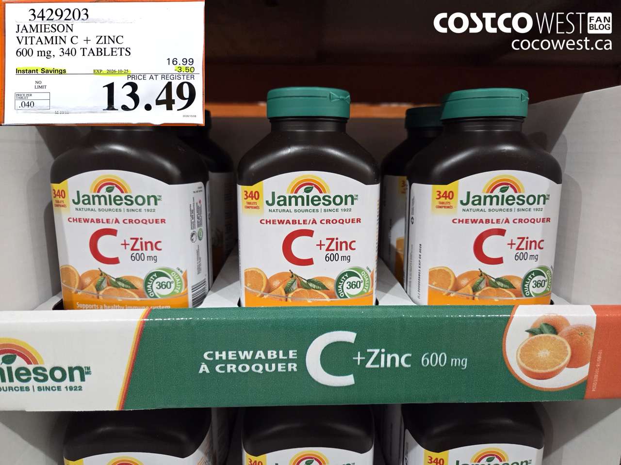 3429203 JAMIESON VITAMIN C + ZINC 600 MG, 340 TABLETS ($3.50 INSTANT SAVINGS EXPIRES ON 2026-10-25) $13.49