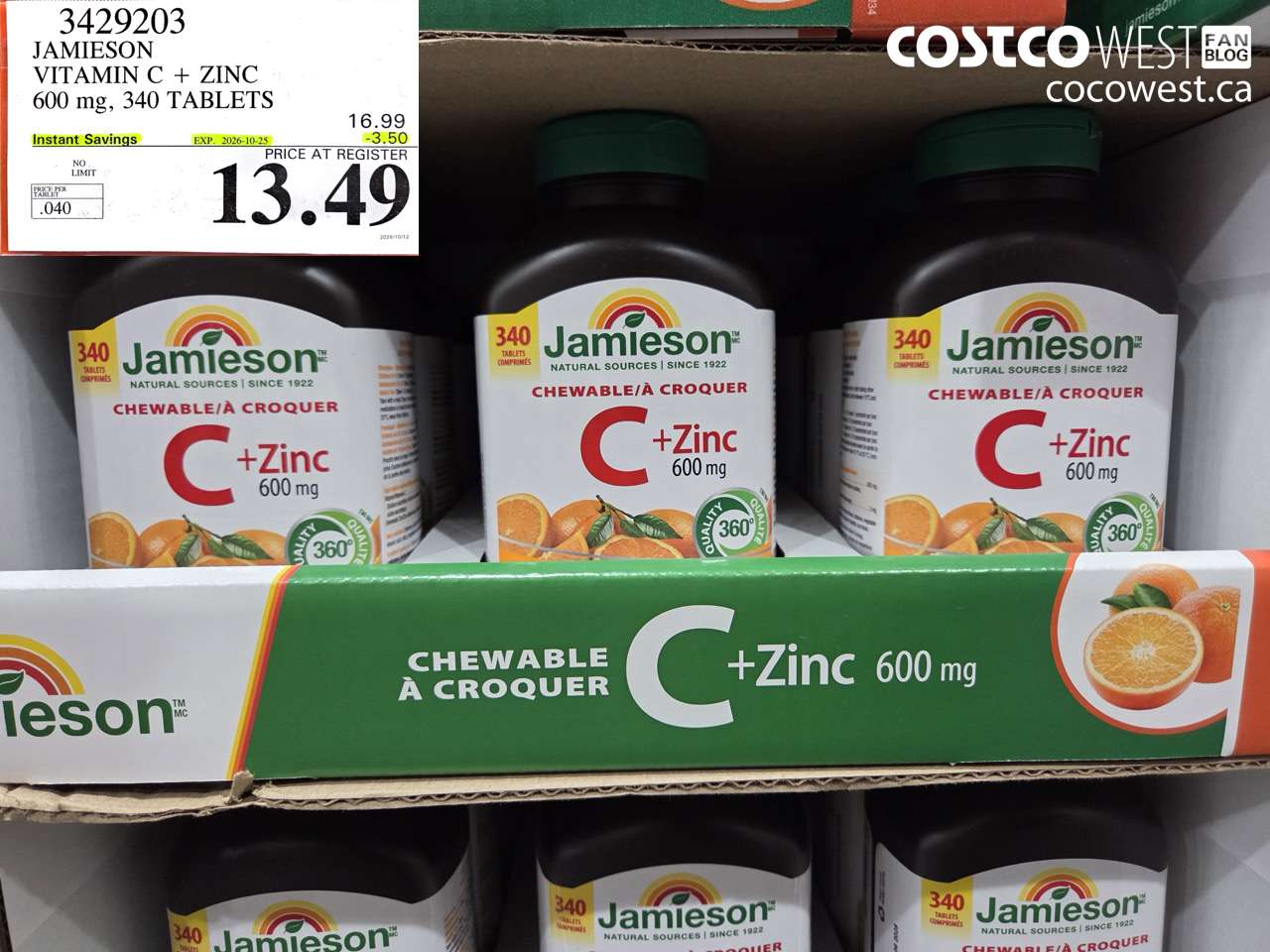 3429203 JAMIESON VITAMIN C + ZINC 600 MG, 340 TABLETS ($3.50 INSTANT SAVINGS EXPIRES ON 2026-10-25) $13.49