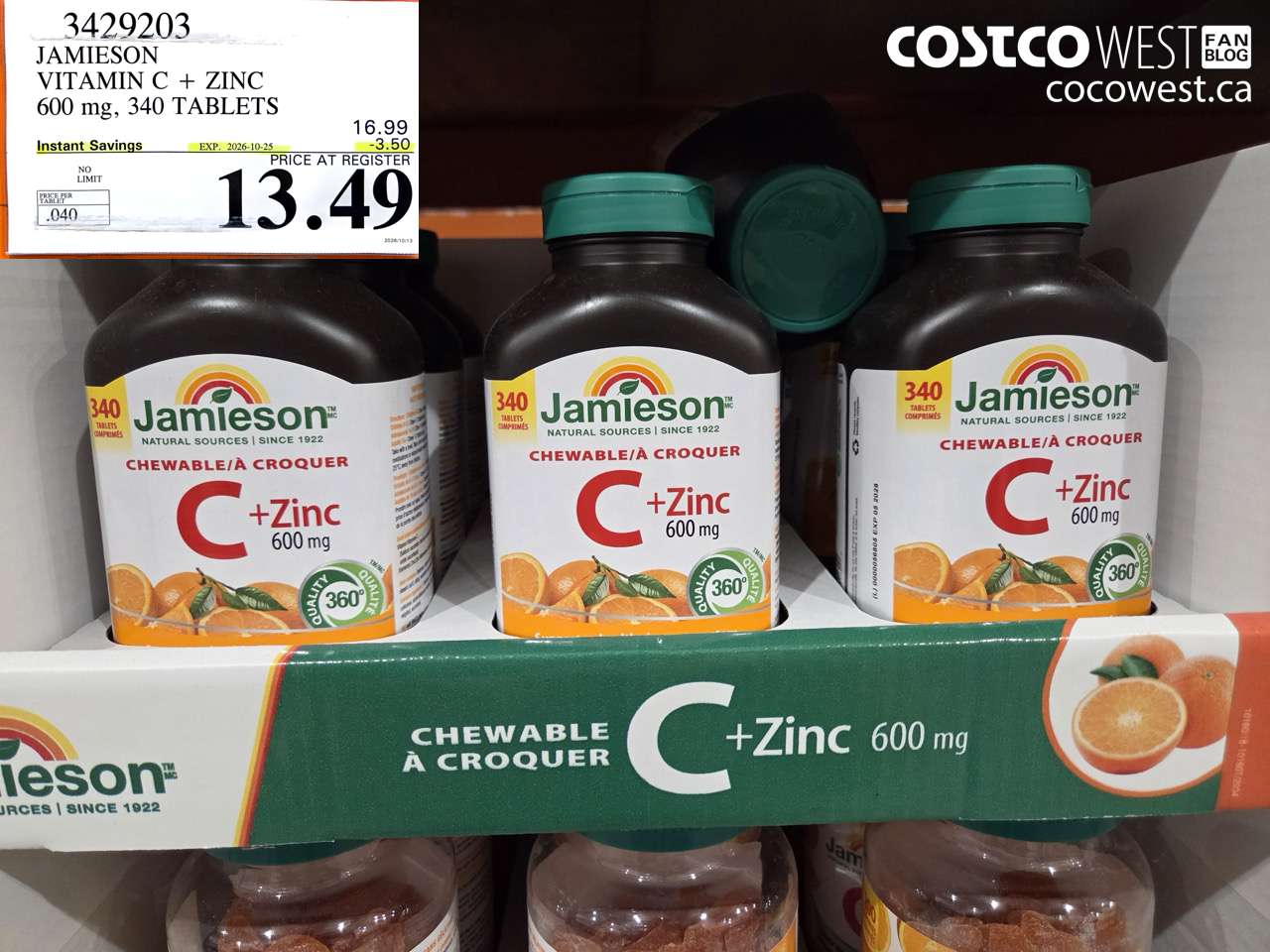3429203 JAMIESON VITAMIN C + ZINC 600 MG, 340 TABLETS ($3.50 INSTANT SAVINGS EXPIRES ON 2026-10-25) $13.49