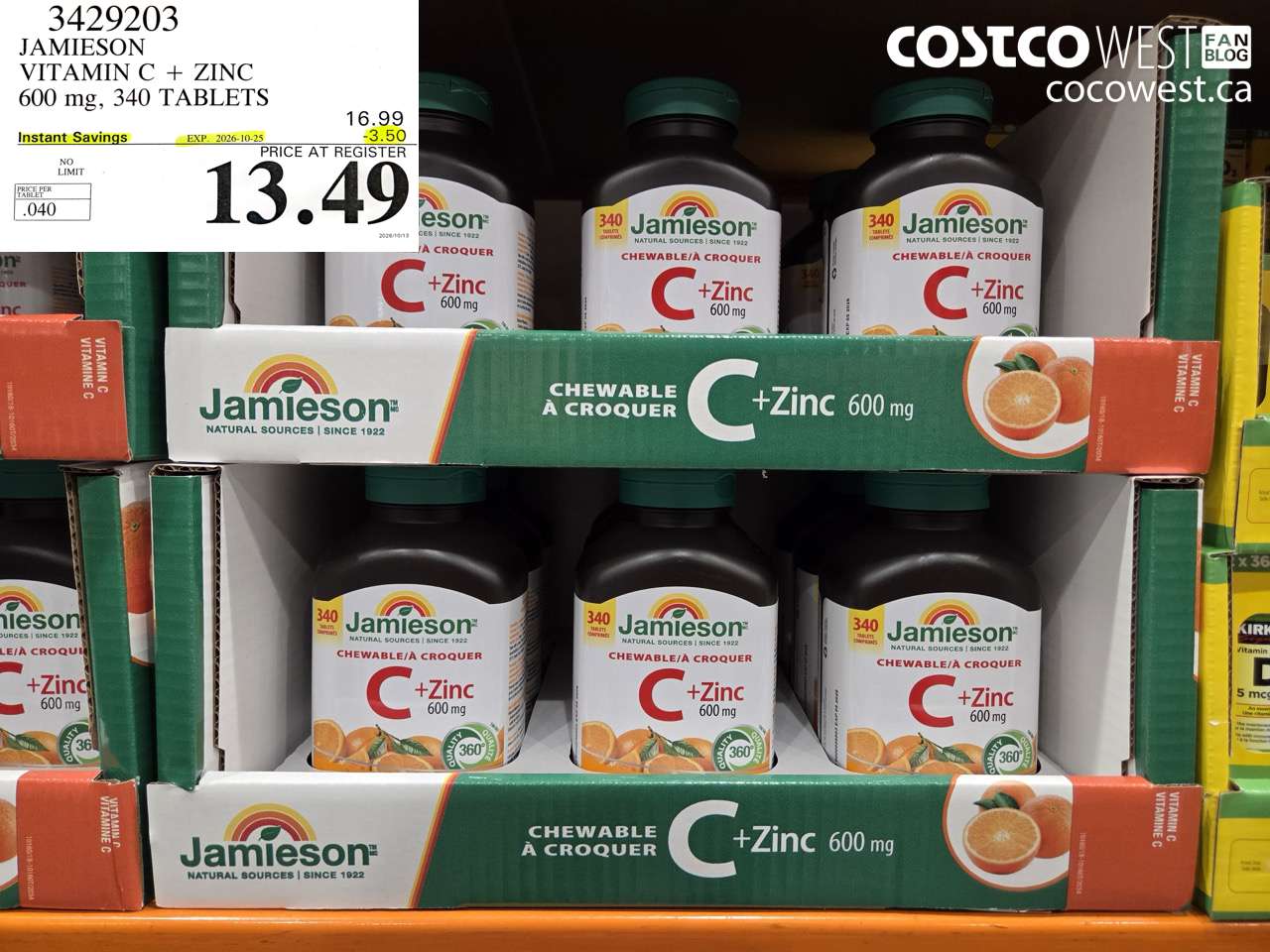 3429203 JAMIESON VITAMIN C + ZINC 600 MG, 340 TABLETS ($3.50 INSTANT SAVINGS EXPIRES ON 2026-10-25) $13.49