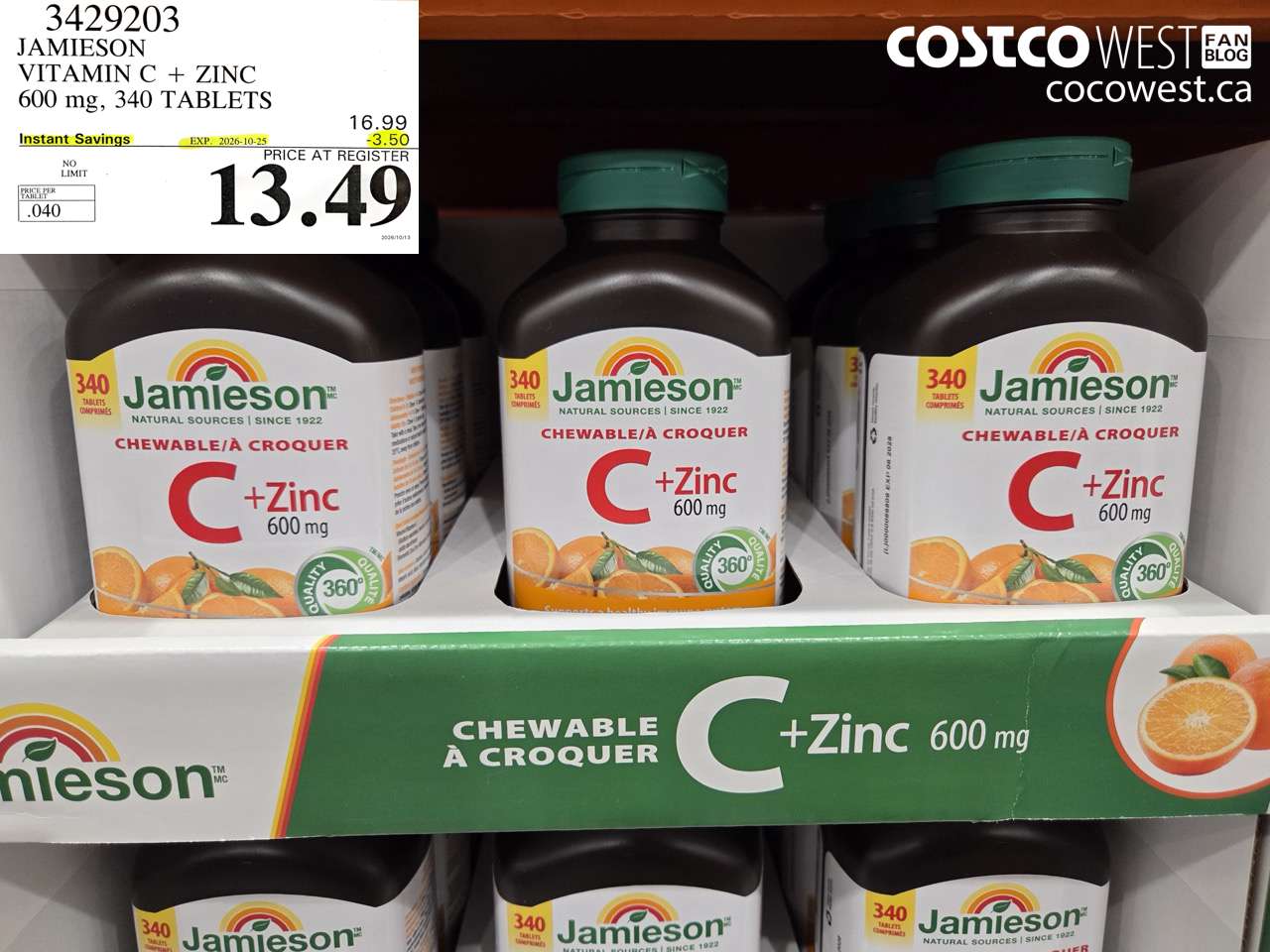 3429203 JAMIESON VITAMIN C + ZINC 600 MG, 340 TABLETS ($3.50 INSTANT SAVINGS EXPIRES ON 2026-10-25) $13.49