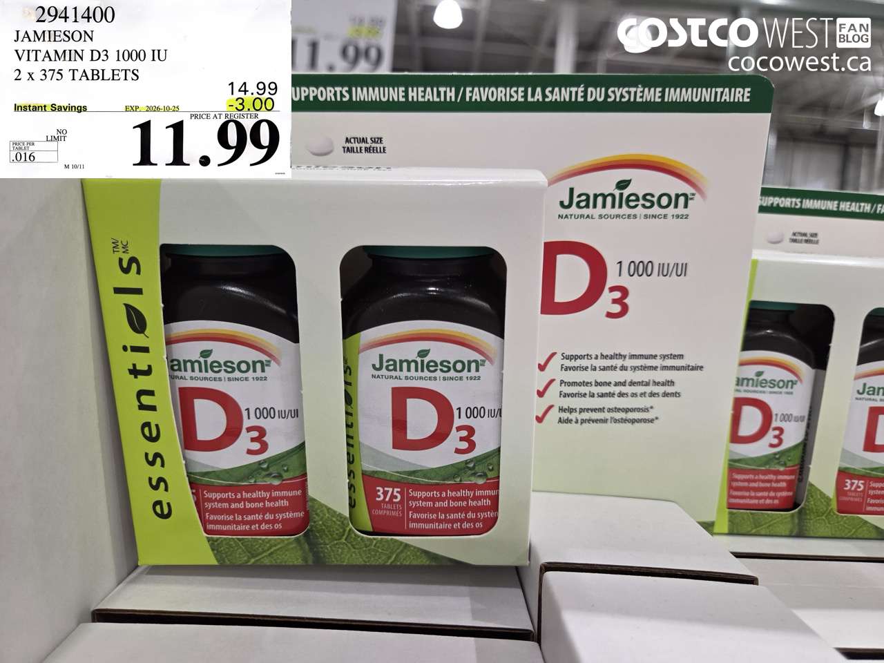 2941400 JAMIESON VITAMIN D3 1000 IU 2 X 375 TABLETS ($3.00 INSTANT SAVINGS EXPIRES ON 2026-10-25) $11.99