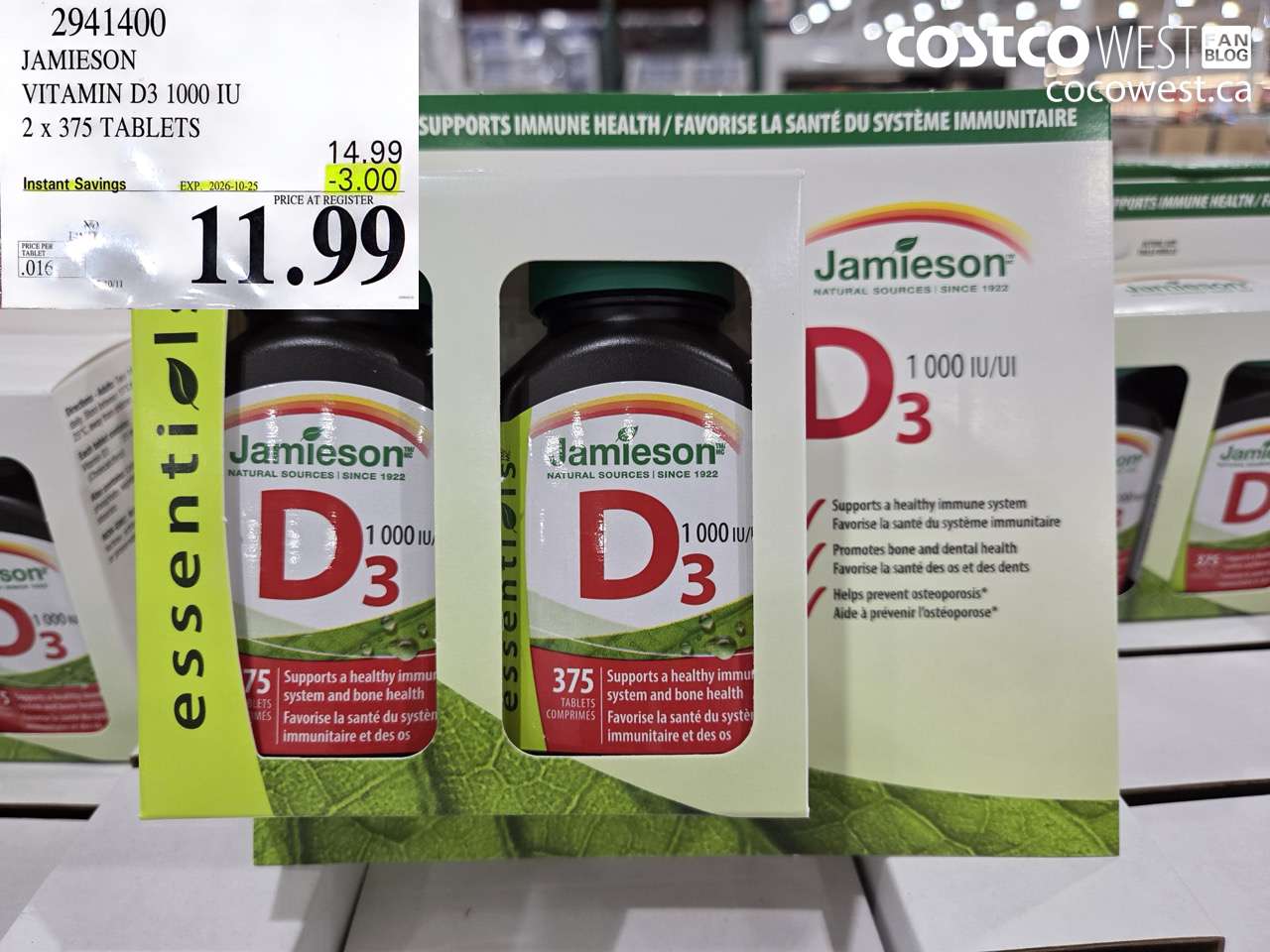 2941400 JAMIESON VITAMIN D3 1000 IU 2 X 375 TABLETS ($3.00 INSTANT SAVINGS EXPIRES ON 2026-10-25) $11.99