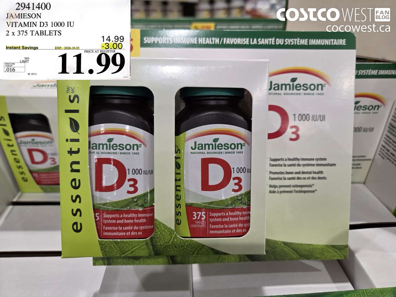 2941400 JAMIESON VITAMIN D3 1000 IU 2 X 375 TABLETS ($3.00 INSTANT SAVINGS EXPIRES ON 2026-10-25) $11.99