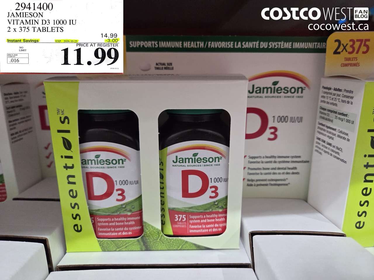 2941400 JAMIESON VITAMIN D3 1000 IU 2 X 375 TABLETS ($3.00 INSTANT SAVINGS EXPIRES ON 2026-10-25) $11.99