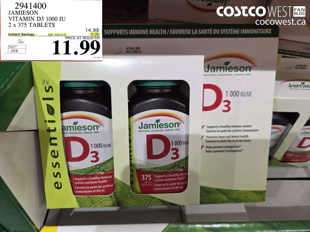 2941400 JAMIESON VITAMIN D3 1000 IU 2 X 375 TABLETS ($3.00 INSTANT SAVINGS EXPIRES ON 2026-10-25) $11.99