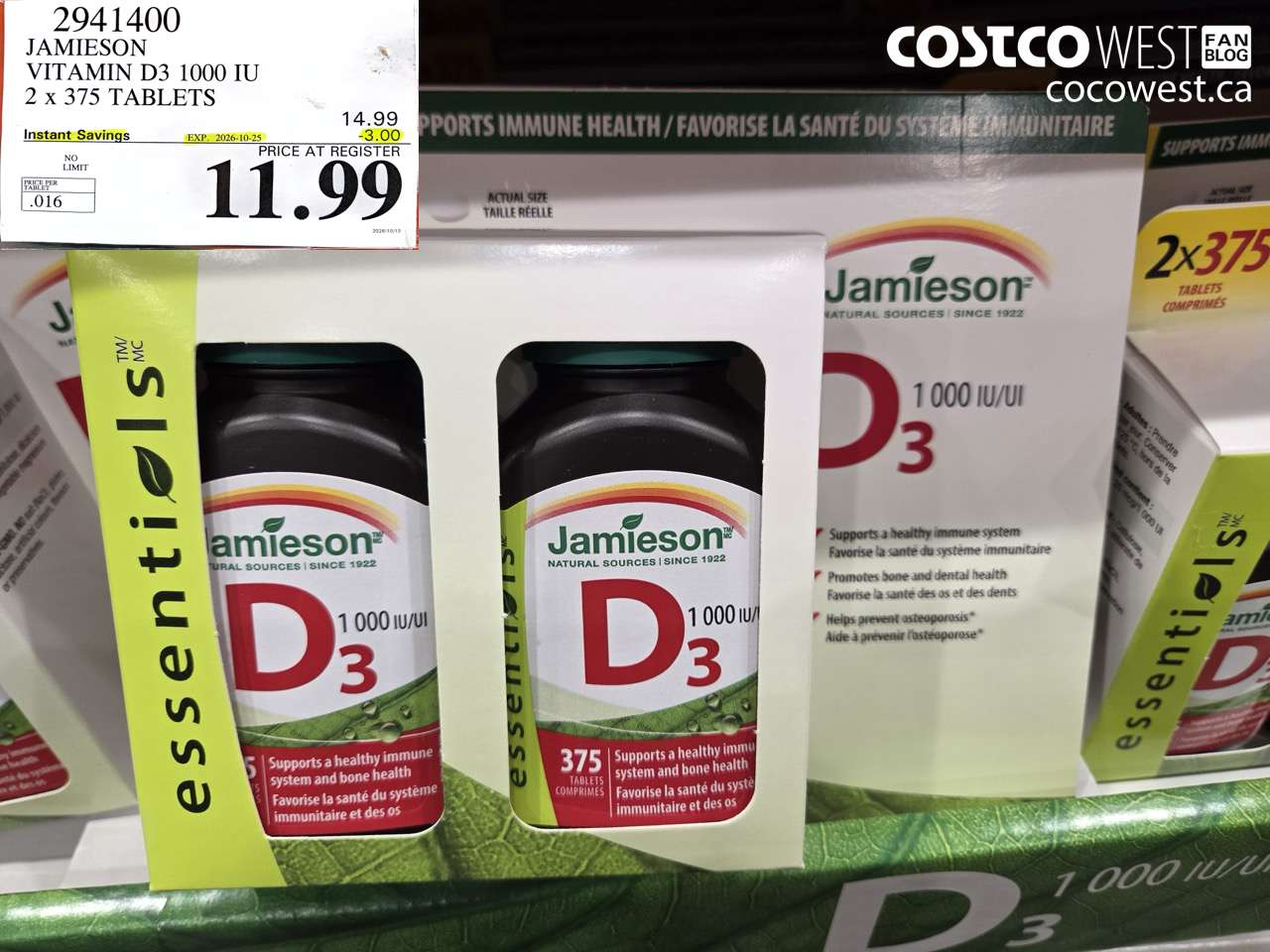 2941400 JAMIESON VITAMIN D3 1000 IU 2 X 375 TABLETS ($3.00 INSTANT SAVINGS EXPIRES ON 2026-10-25) $11.99