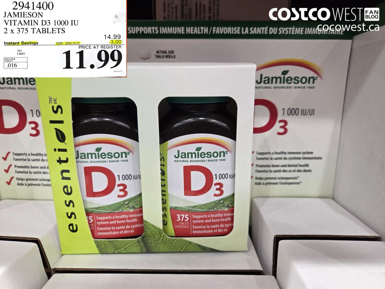 2941400 JAMIESON VITAMIN D3 1000 IU 2 X 375 TABLETS ($3.00 INSTANT SAVINGS EXPIRES ON 2026-10-25) $11.99
