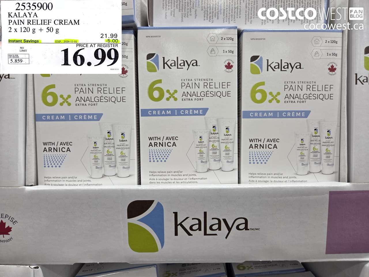 2535900 KALAYA PAIN RELIEF CREAM 2 X 120 G + 50 G ($5.00 INSTANT SAVINGS EXPIRES ON 2026-11-01) $16.99