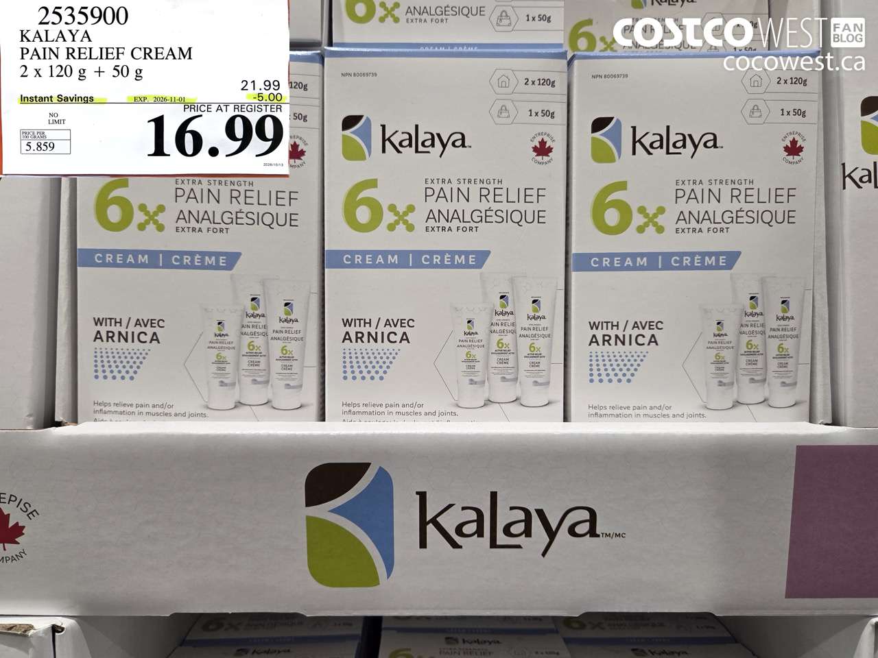 2535900 KALAYA PAIN RELIEF CREAM 2 X 120 G + 50 G ($5.00 INSTANT SAVINGS EXPIRES ON 2026-11-01) $16.99