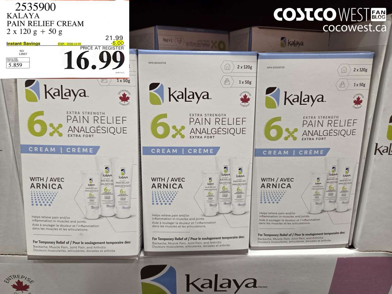 2535900 KALAYA PAIN RELIEF CREAM 2 X 120 G + 50 G ($5.00 INSTANT SAVINGS EXPIRES ON 2026-11-01) $16.99