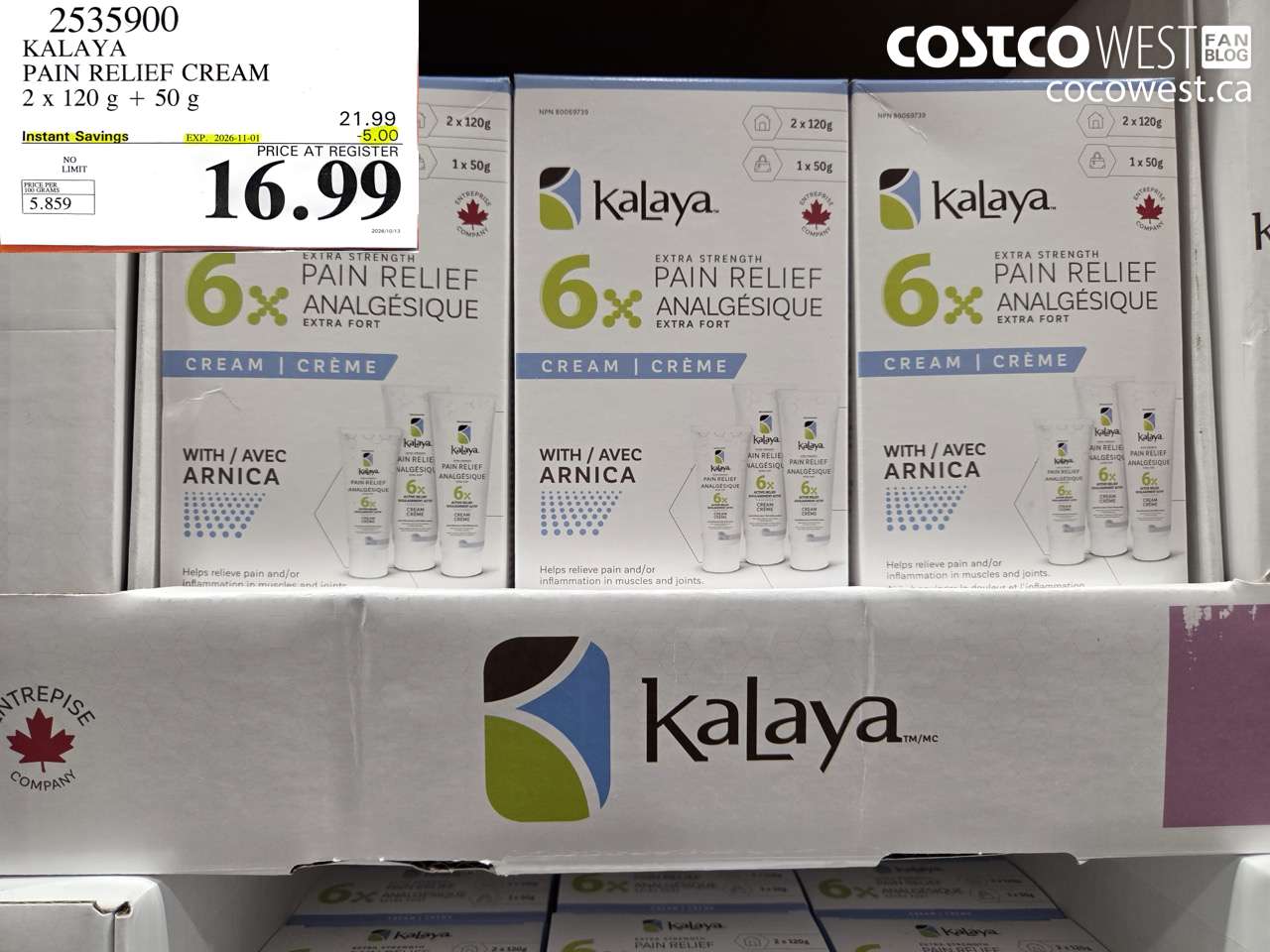 2535900 KALAYA PAIN RELIEF CREAM 2 X 120 G + 50 G ($5.00 INSTANT SAVINGS EXPIRES ON 2026-11-01) $16.99