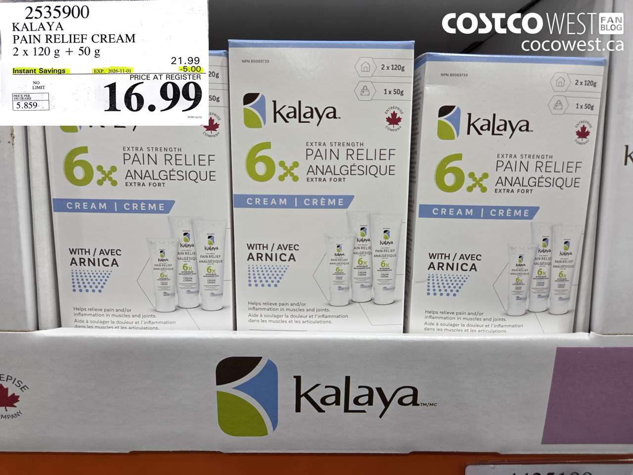 2535900 KALAYA PAIN RELIEF CREAM 2 X 120 G + 50 G ($5.00 INSTANT SAVINGS EXPIRES ON 2026-11-01) $16.99