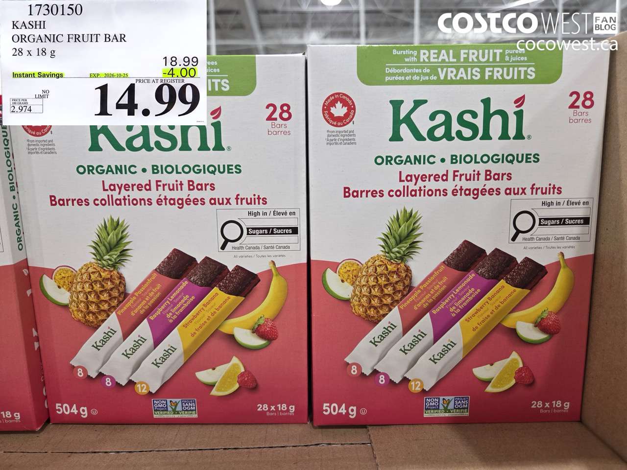 1730150 KASHI ORGANIC FRUIT BAR 28 X 18 G ($4.00 INSTANT SAVINGS EXPIRES ON 2026-10-25) $14.99