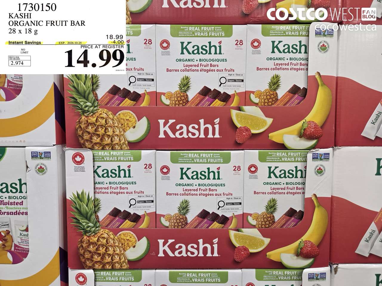 1730150 KASHI ORGANIC FRUIT BAR 28 X 18 G ($4.00 INSTANT SAVINGS EXPIRES ON 2026-10-25) $14.99