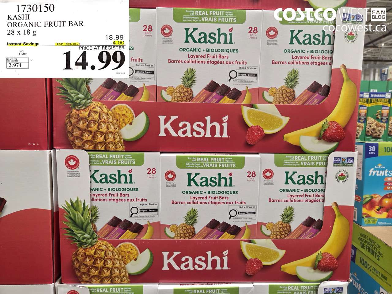 1730150 KASHI ORGANIC FRUIT BAR 28 X 18 G ($4.00 INSTANT SAVINGS EXPIRES ON 2026-10-25) $14.99