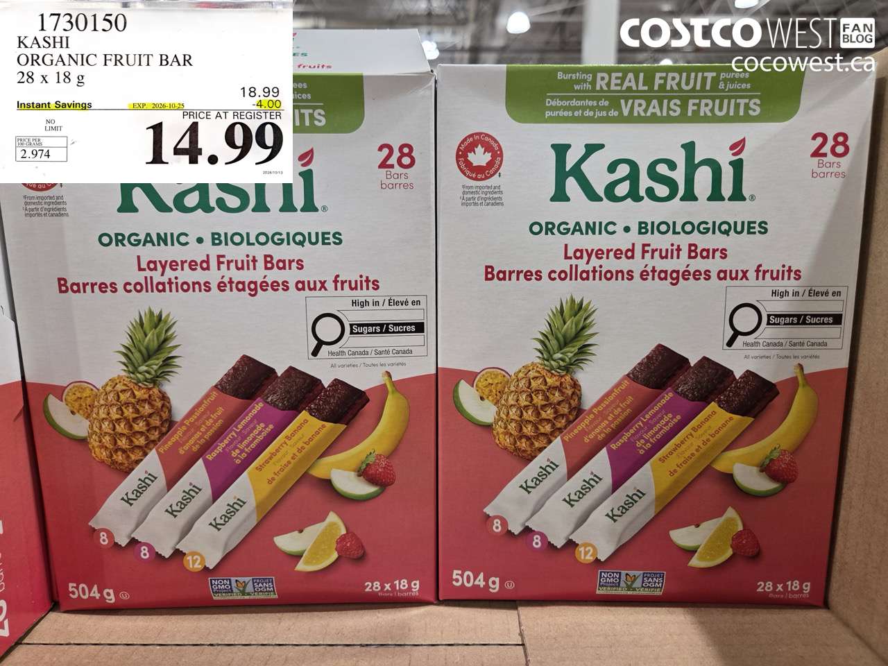 1730150 KASHI ORGANIC FRUIT BAR 28 X 18 G ($4.00 INSTANT SAVINGS EXPIRES ON 2026-10-25) $14.99