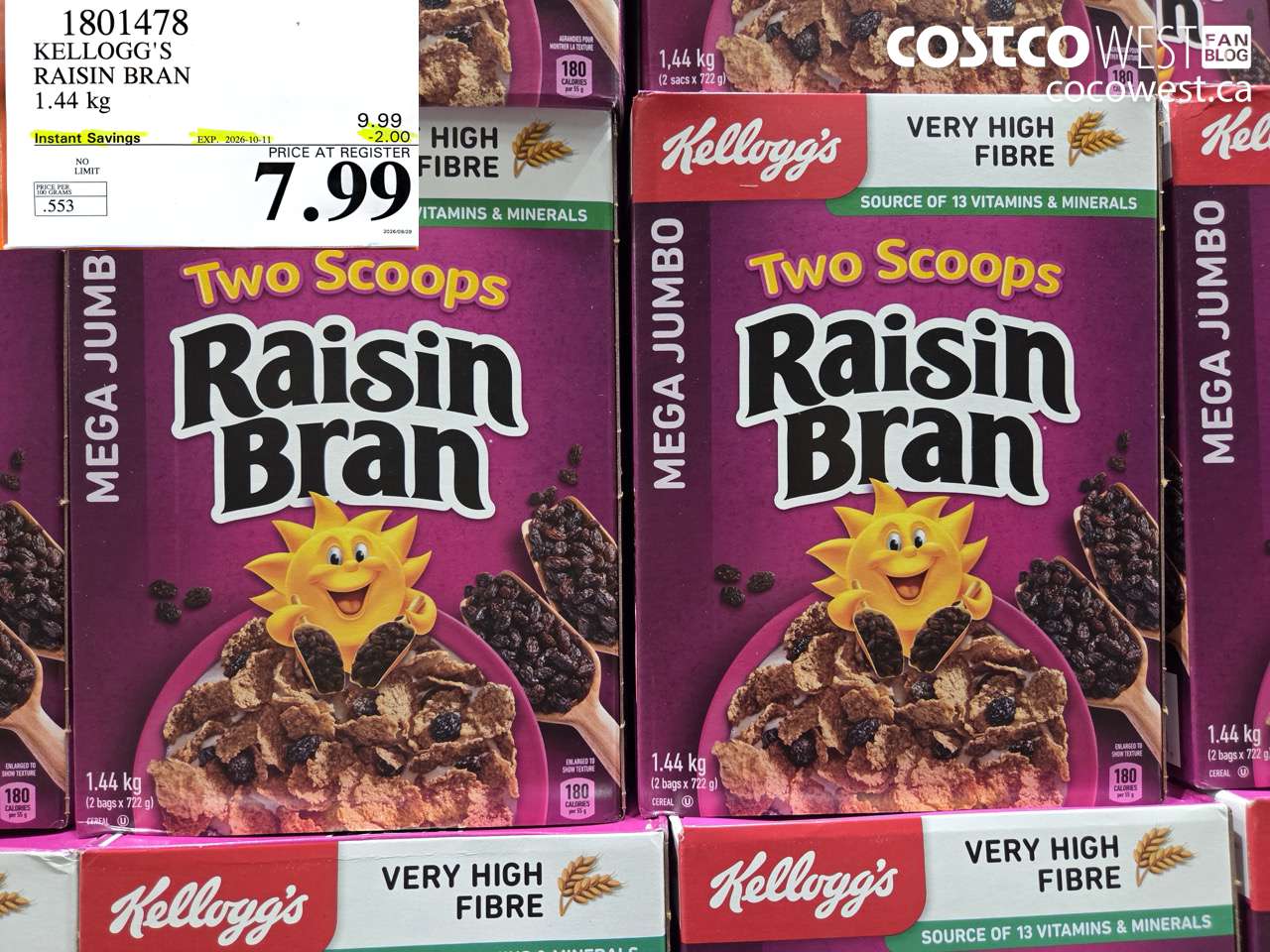 1801478 KELLOGG'S RAISIN BRAN 1.44 KG ($2.00 INSTANT SAVINGS EXPIRES ON 2026-10-11) $7.99