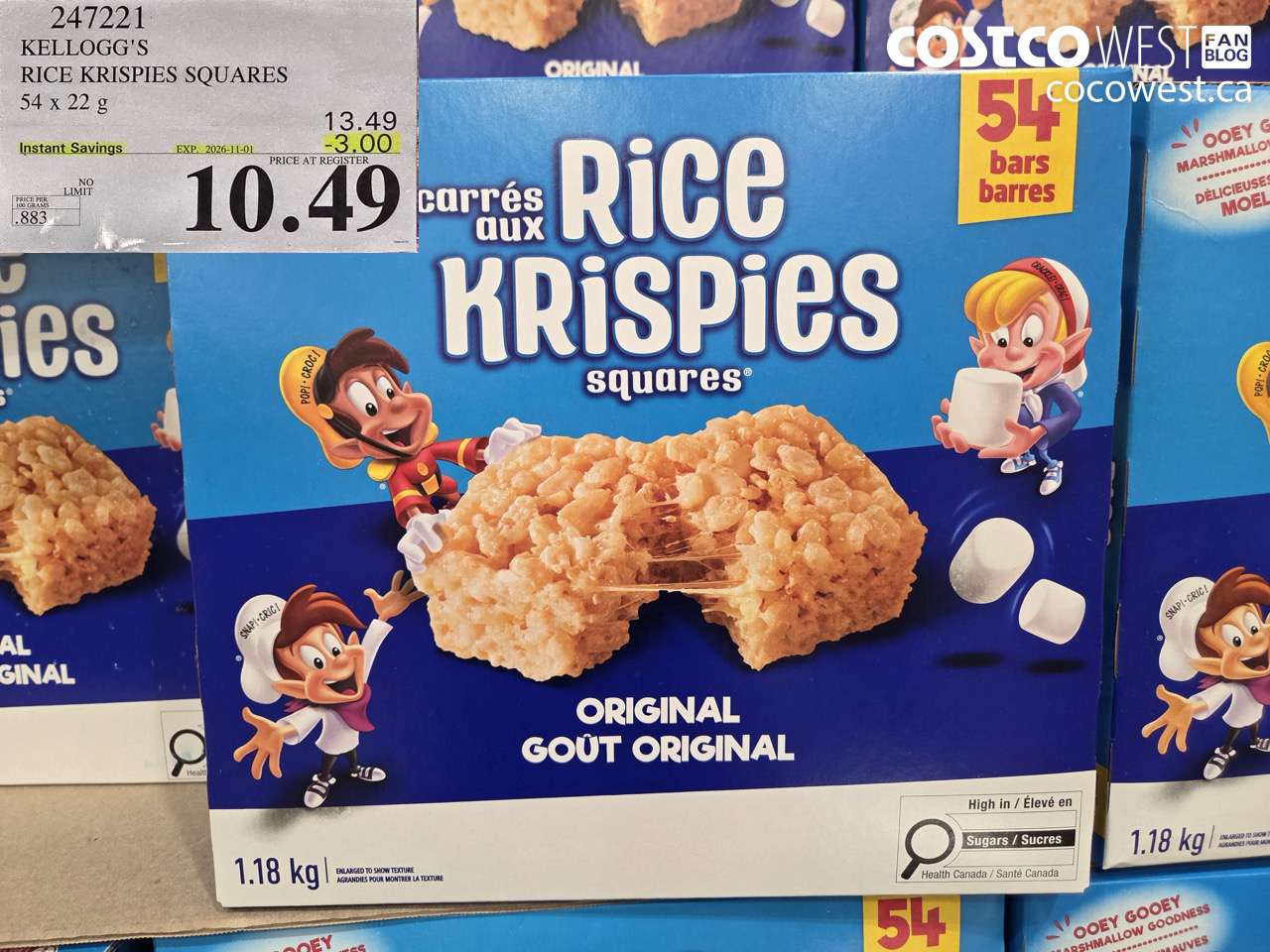 247221 KELLOGG'S RICE KRISPIES SQUARES 54 X 22 G ($3.00 INSTANT SAVINGS EXPIRES ON 2026-11-01) $10.49