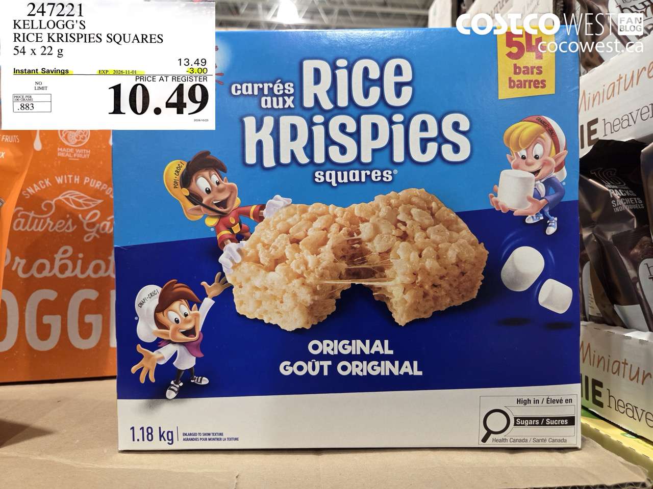 247221 KELLOGG'S RICE KRISPIES SQUARES 54 X 22 G ($3.00 INSTANT SAVINGS EXPIRES ON 2026-11-01) $10.49