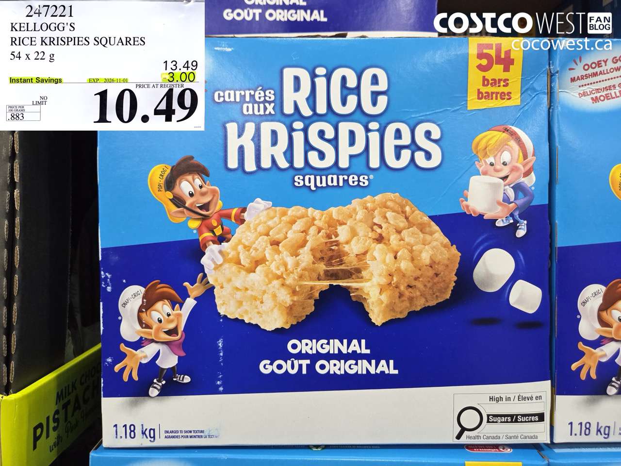 247221 KELLOGG'S RICE KRISPIES SQUARES 54 X 22 G ($3.00 INSTANT SAVINGS EXPIRES ON 2026-11-01) $10.49