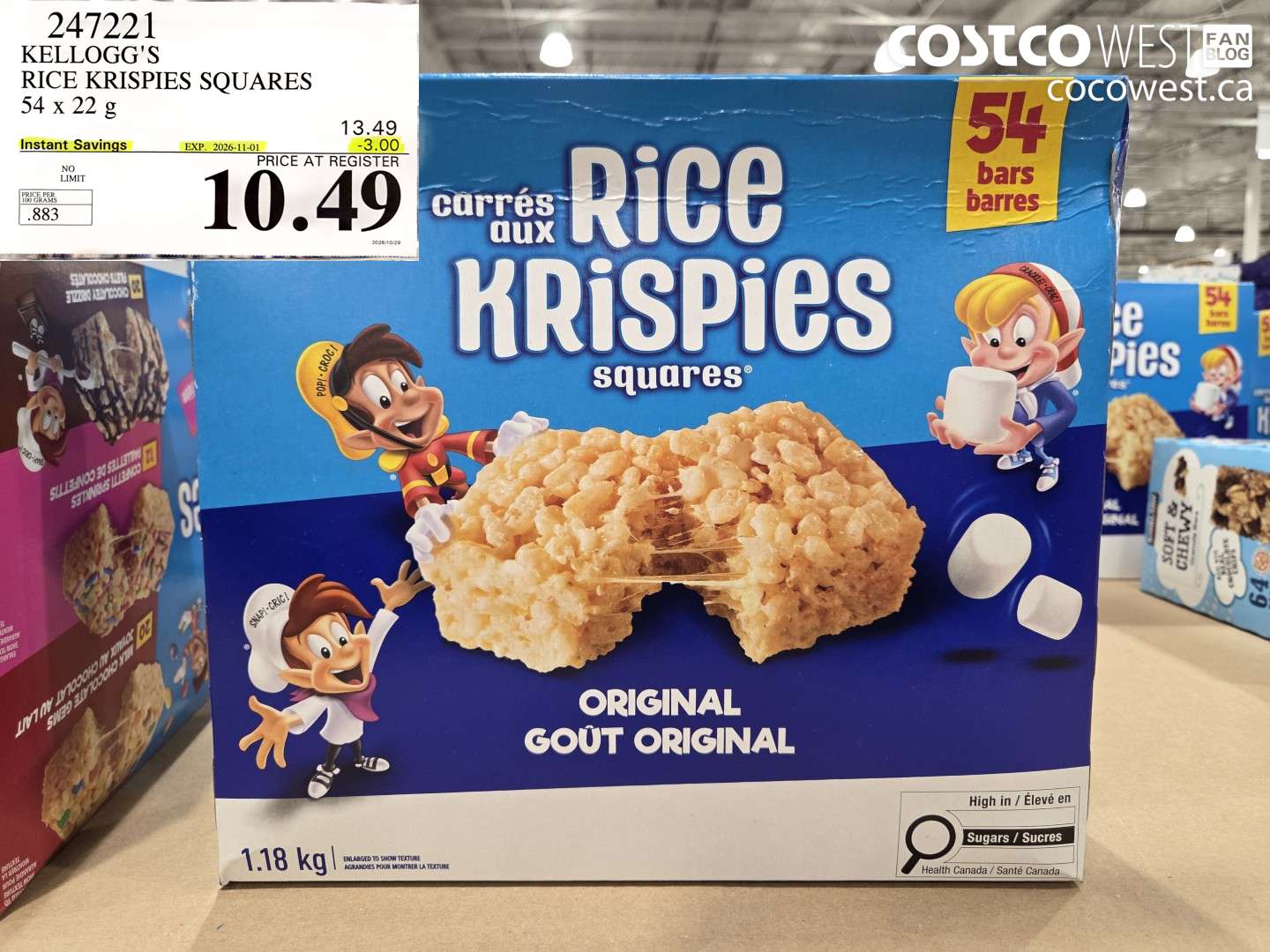 247221 KELLOGG'S RICE KRISPIES SQUARES 54 X 22 G ($3.00 INSTANT SAVINGS EXPIRES ON 2026-11-01) $10.49