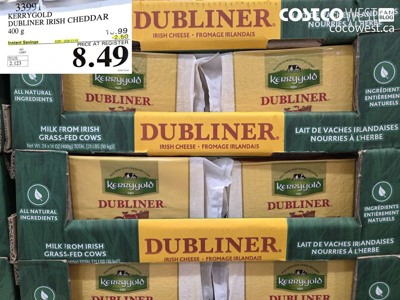 33991 KERRYGOLD DUBLINER IRISH CHEDDAR 400 G ($2.50 INSTANT SAVINGS EXPIRES ON 2026-11-01) $8.49