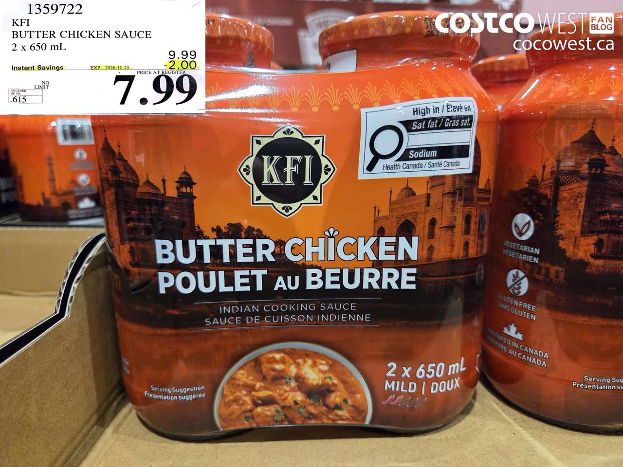 1359722 KFI BUTTER CHICKEN SAUCE 2 X 650 ML ($2.00 INSTANT SAVINGS EXPIRES ON 2026-10-25) $7.99