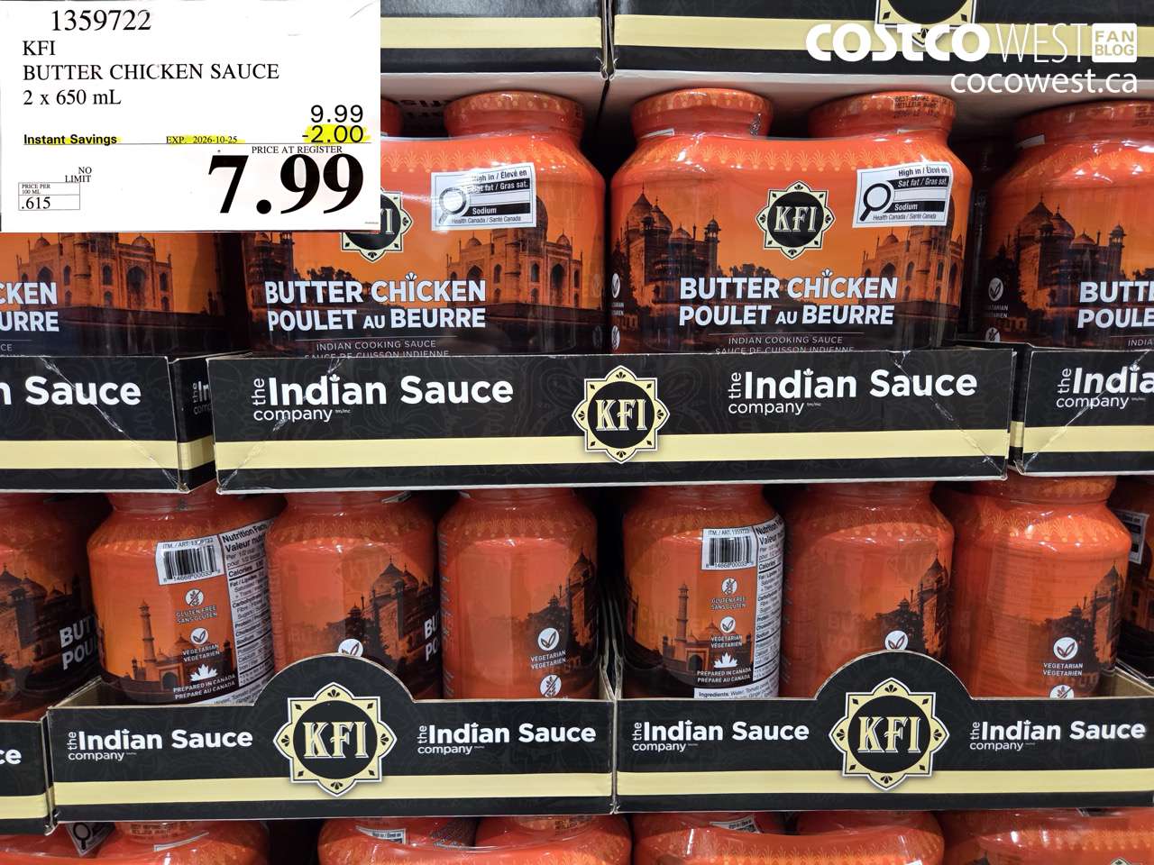 1359722 KFI BUTTER CHICKEN SAUCE 2 X 650 ML ($2.00 INSTANT SAVINGS EXPIRES ON 2026-10-25) $7.99