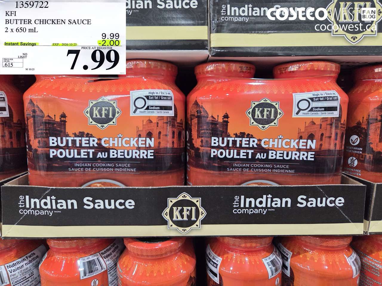 1359722 KFI BUTTER CHICKEN SAUCE 2 X 650 ML ($2.00 INSTANT SAVINGS EXPIRES ON 2026-10-25) $7.99