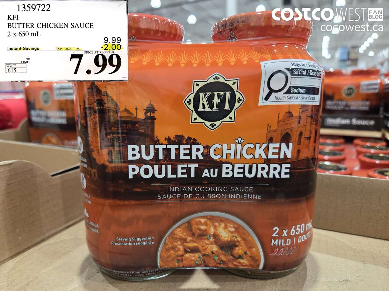 1359722 KFI BUTTER CHICKEN SAUCE 2 X 650 ML ($2.00 INSTANT SAVINGS EXPIRES ON 2026-10-25) $7.99