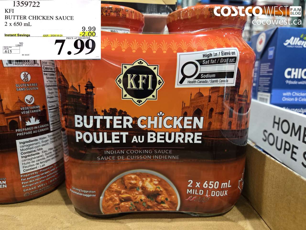 1359722 KFI BUTTER CHICKEN SAUCE 2 X 650 ML ($2.00 INSTANT SAVINGS EXPIRES ON 2026-10-25) $7.99