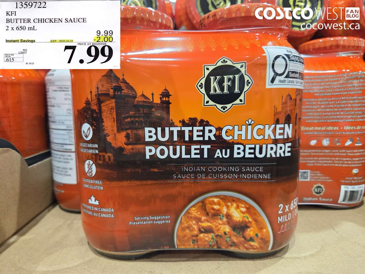 1359722 KFI BUTTER CHICKEN SAUCE 2 X 650 ML ($2.00 INSTANT SAVINGS EXPIRES ON 2026-10-25) $7.99