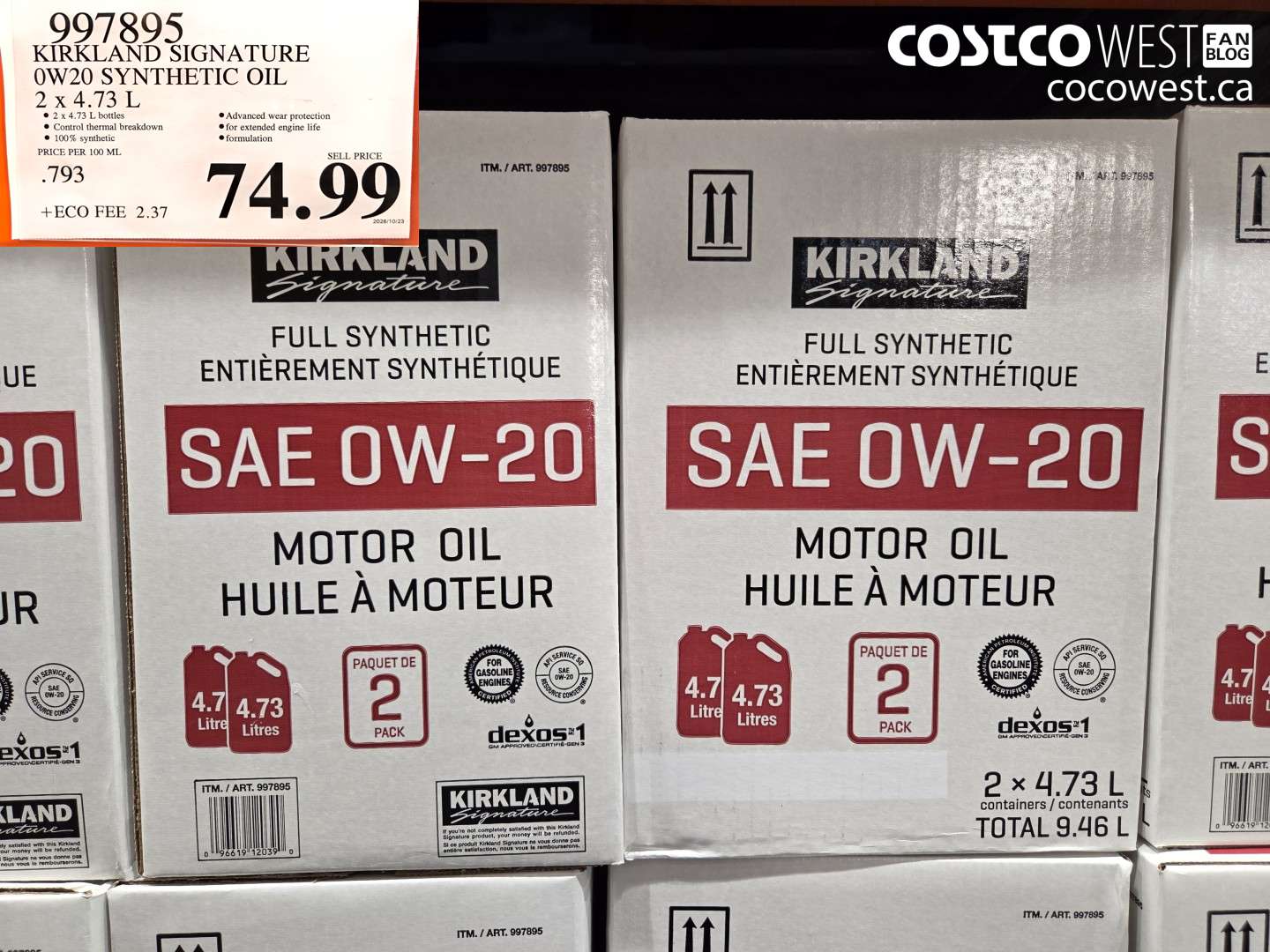 997895 KIRKLAND SIGNATURE 0W20 SYNTHETIC OIL 2 X 4.73 L $74.99