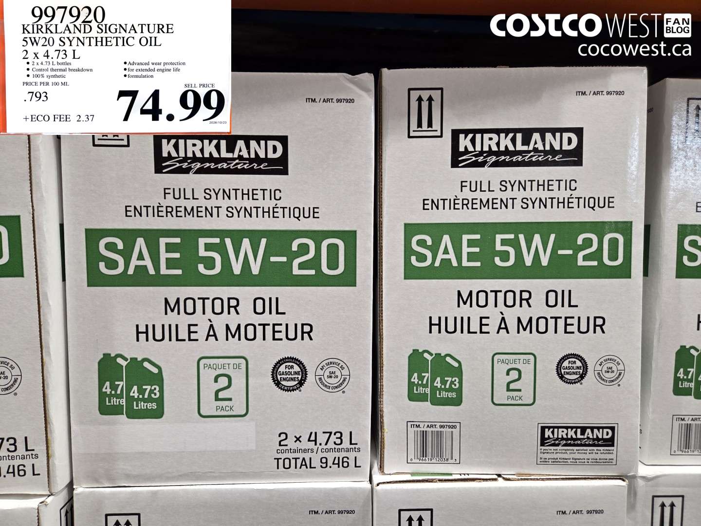 997920 KIRKLAND SIGNATURE 5W20 SYNTHETIC OIL 2 X 4.73 L $74.99